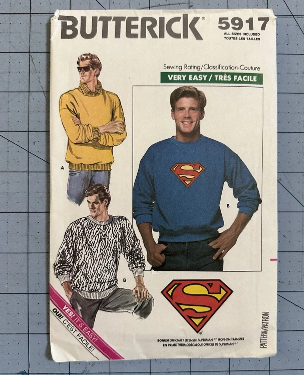 UNCUT 1980's Butterick Men's Top and Superman Transfer Pattern 5917 Size XS-XL
